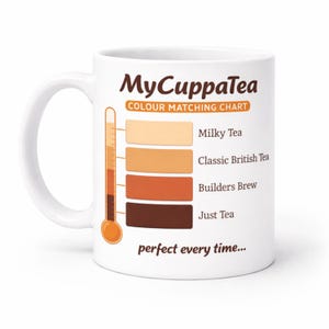 May include: White ceramic mug with the text "MyCuppaTea" and a colour matching chart for tea. The chart shows shades of tea from light beige to dark brown, with the words "Milky Tea", "Classic British Tea", "Builders Brew", and "Just Tea".