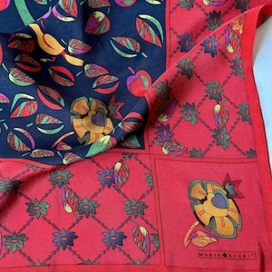 Vintage MARJA KURKI Crepe de Chine Silk Scarf in Red and Dark Blue Tones. Finnish Design.