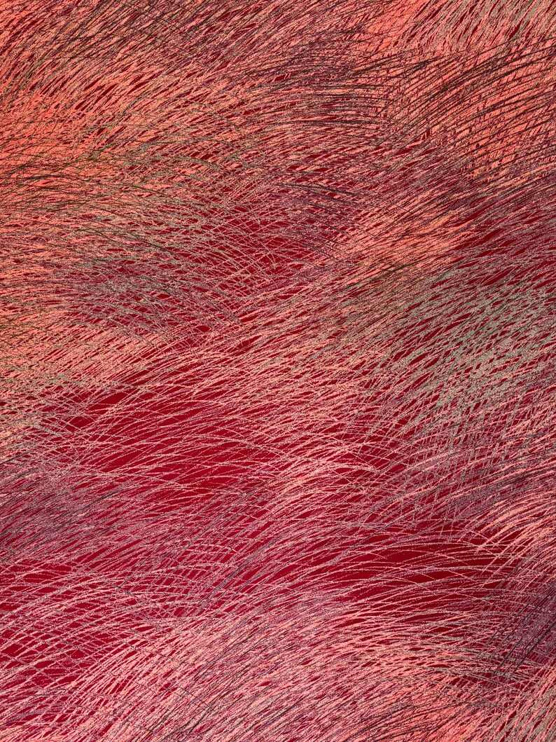 May include: Abstract textile art with a textured surface. The design features a deep red background overlaid with a pattern of fine, intersecting lines in shades of pink, peach, and gray. The overall effect is a dynamic, layered composition.