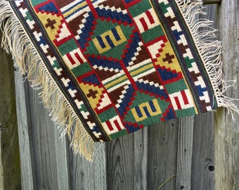 Small Handwoven Vintage Scandinavian Woollen Wall Hanging Flemish Tapestry with Fringe