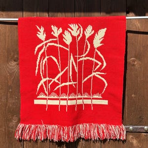 Peut inclure: Une tenture murale rouge tissée avec un motif de tiges de blé crème. Le textile rectangulaire a une frange le long du bord inférieur. La tenture murale est exposée sur un fond en bois.
