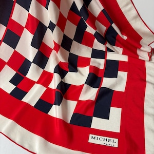 Vintage MICHEL Paris Crepe de Chine Silk Scarf in Red, Dark Blue and White Tones with Geometric Pattern