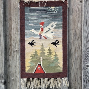 Vintage Scandinavian Flemish Tapestry Wool Wall Hanging featuring Nils Holgersson on a Goose