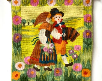 Handmade Vintage Wool Embroidery Tapestry: Swedish Wall Hanging