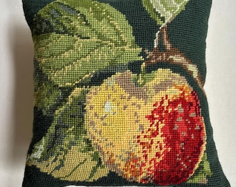 Vintage Handmade Wool Embroidered Decorative Pillow in Cross-Stitch.