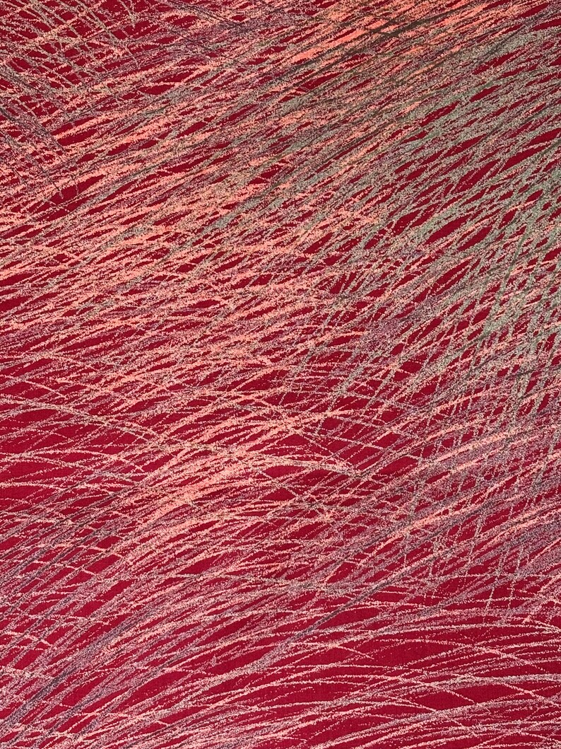 May include: Abstract textile pattern featuring a deep red background with overlapping, textured lines in shades of pink and gray. The design creates a dynamic, layered effect, suitable for fabric or wallpaper.