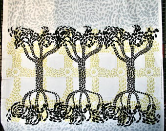 May include: Black and white fabric with a repeating pattern of stylized trees with roots. The trees are set against a white background with a pattern of small, gray and yellow shapes.