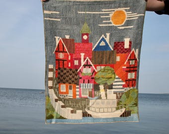 Vintage Nordic Embroidery Wall Art: Coastal Houses Tapestry