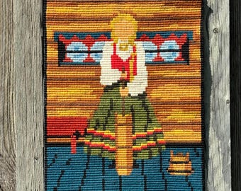 Vintage Handmade Scandinavian Woollen Wall Hanging Tapestry Depicting Woman at Work