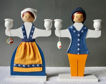 Swedish Wooden Candlestick Dolls: Handmade Scandinavian Folk Art Decor