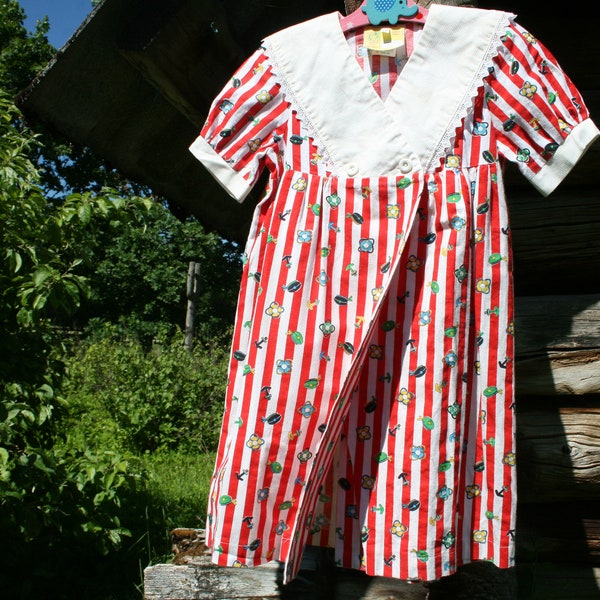 Vintage Children's Red and White Stripes Sailor Dress with Nice Square Collar. Made in Finland.