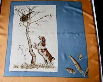 Vintage Silk Scarf with Pheasant and Dog Motif.