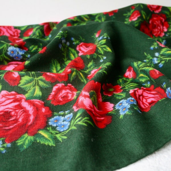 Vintage Grünes Florales Motiv leichter Wollschal/Schal, 100% Wolle