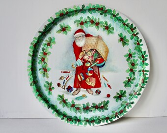 Vintage Estonian Christmas Themed Round Metal Serving Tray