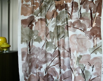 May include: Abstract watercolor print fabric featuring a pattern of brown, gray, and white brushstrokes resembling trees and foliage.