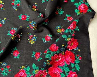 Vintage Black Floral Motif Light Wool Scarf/Shawl, 100% Wool