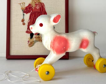 Rare Vintage Collectible Soviet Fawn Toy on Wheels from the 1960s