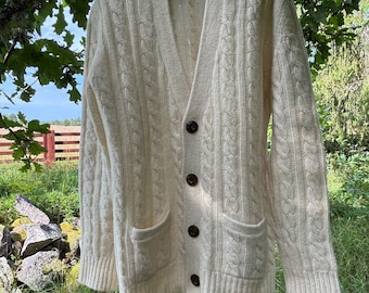 Vintage Wool Cable Knit Cardigan, White Pockets, XL