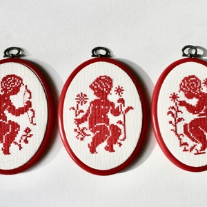 Vintage Red Cross Stitch Cherub Pictures - Set of 3 Embroidered Cotton Art