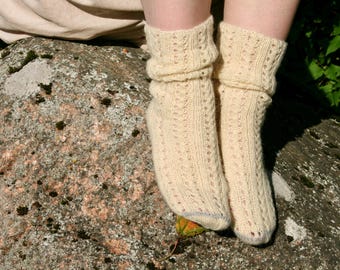 Unused Hand Knitted Natural White Wool Women's Socks