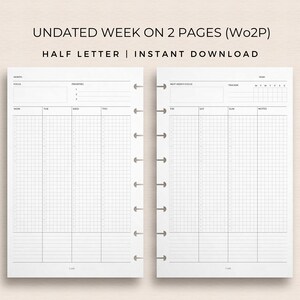 Puede incluir: Planificador semanal sin fecha con dos páginas, diseñado para papel de tamaño medio. La página izquierda tiene espacio para una vista general del mes y una sección para prioridades. La página derecha tiene un calendario semanal con columnas para cada día de la semana, una sección para el seguimiento y una sección para notas.