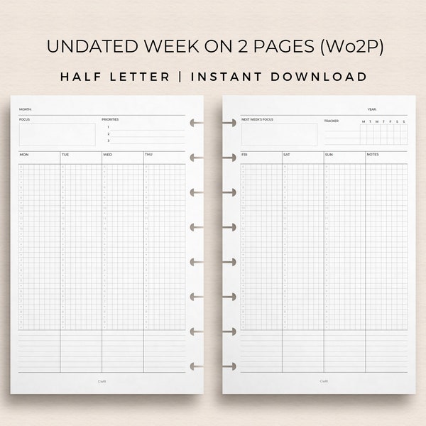 Weekly Planner Inserts Undated Dashboard Planner Insert Schedule Planner Inserts Printable Half Letter Monday Start Week on Two Pages Wo2P
