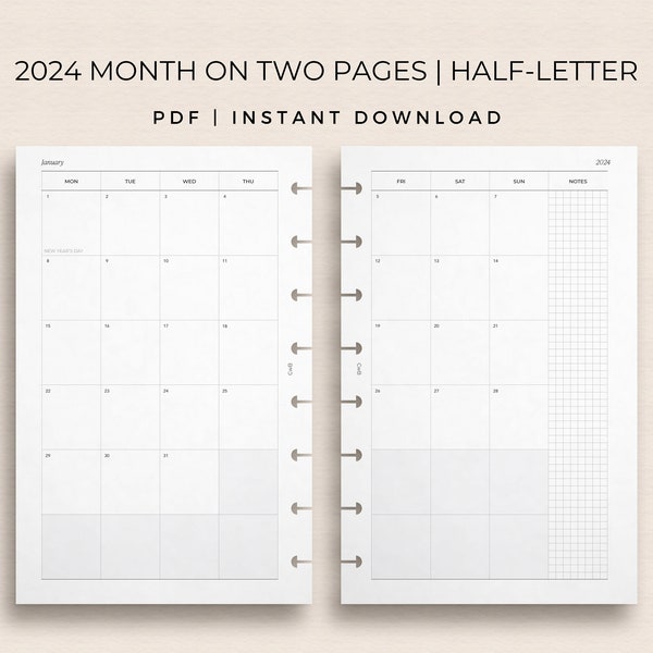 2024 Month on Two Pages Calendar Planner Insert Pages, Printable, Half Letter for Discbound Planners, Double-sided Printable Planner Inserts