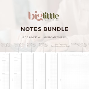 May include: A set of six printable note paper templates for planners. The templates include meeting notes, note paper with and without date selectors, and graph paper with 3mm and 4mm grids. The templates are designed for use with the "biglittle PLANNER CO." brand.