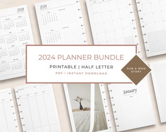 2024 Planner Bundle: Printable Planner Inserts, Discbound Half Letter, Dated 2024 Overview Monthly, Weekly, Quarterly, SUN and MON Start