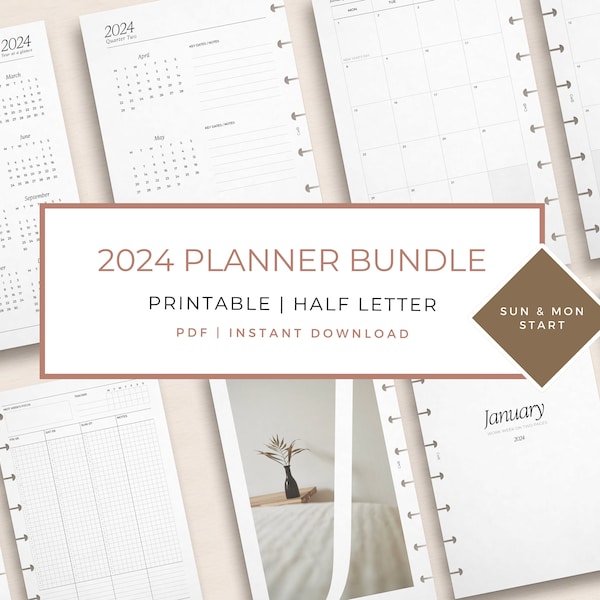 2024 Planner Bundle: Printable Planner Inserts, Discbound Half Letter, Dated 2024 Overview Monthly, Weekly, Quarterly, SUN and MON Start