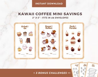 Kawaii Coffee Mini Savings Challenge Bundle, Printable A6 Budget Binder Cash Stuffing Inserts