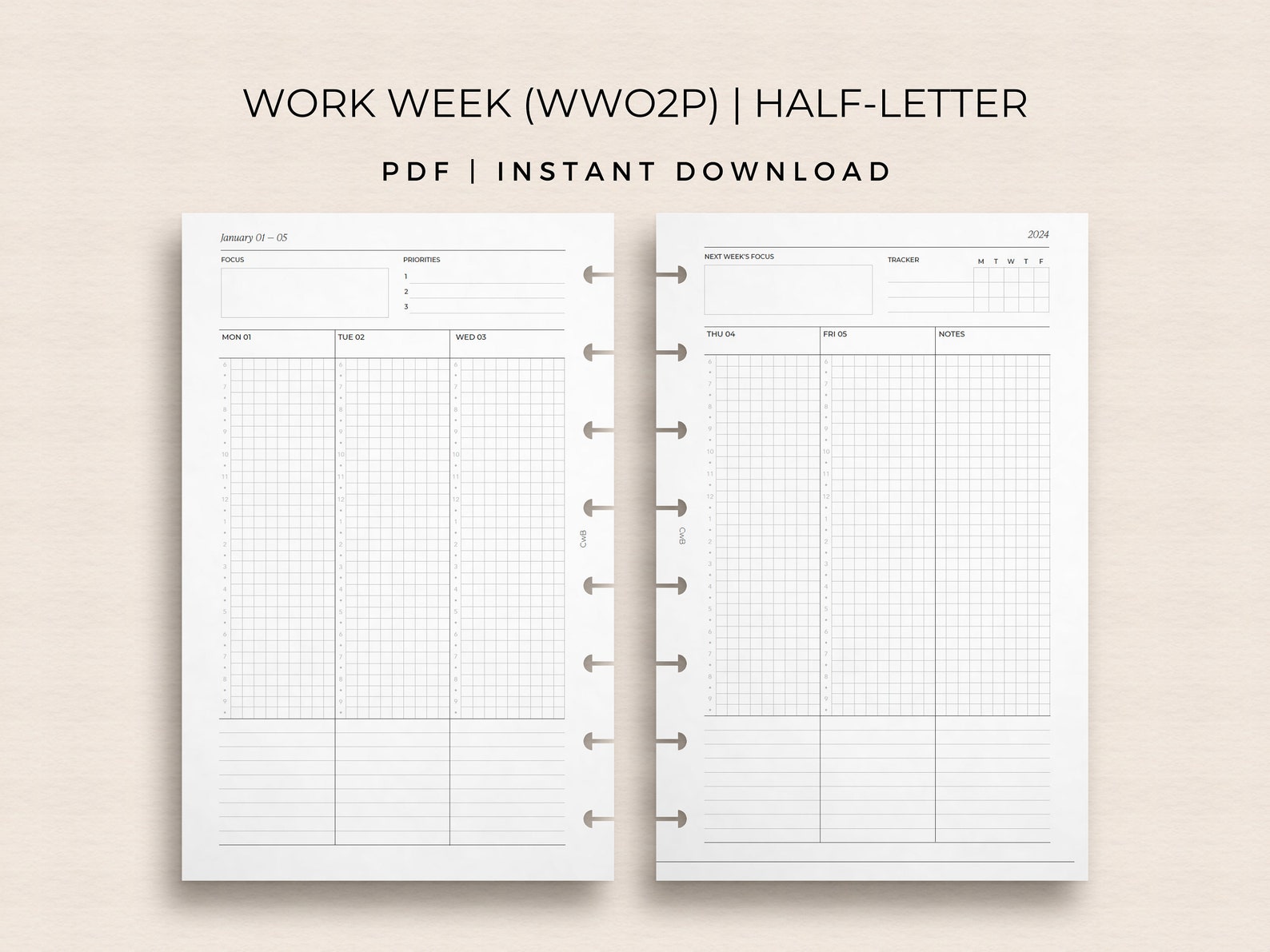 Printable 2024 Dated Planner Inserts Half Letter Work Week on Two Pages ...