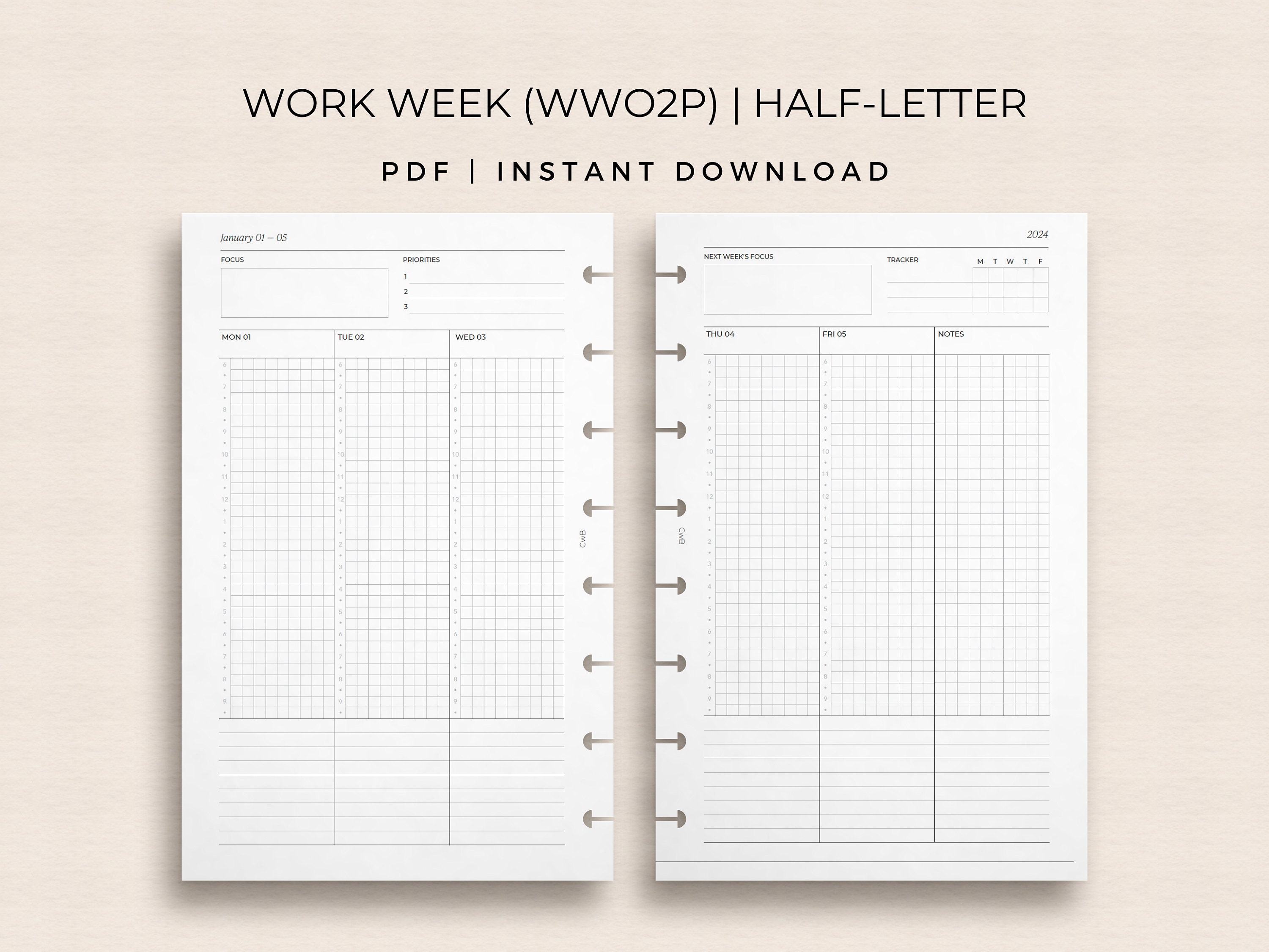 Printable 2024 Dated Planner Inserts Half Letter Work Week on Two Pages ...