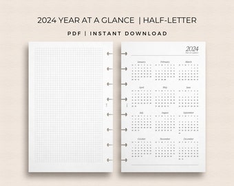 Printable One Page 2024 Calendar Planner Insert, Year at a Glance Half Letter Discbound Planner, Double-sided Graph Note Planner Inserts