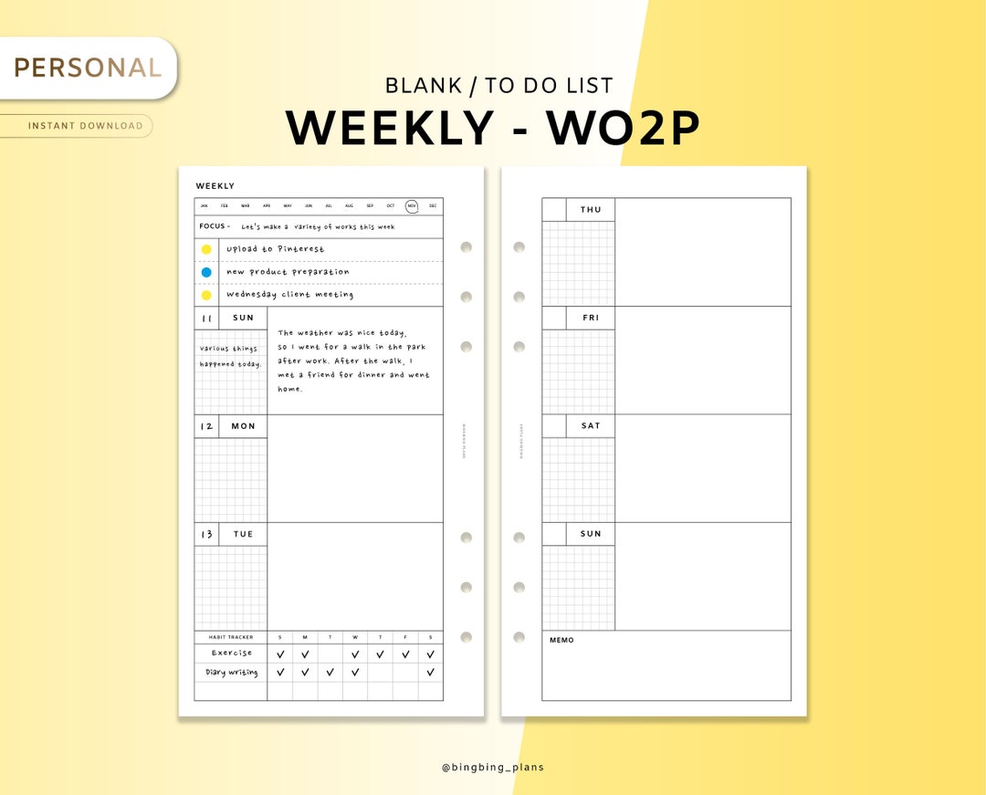 Weekly Planner, WO2P, Printable Planner Inserts, Personal Size ...