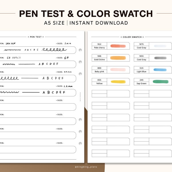 Pen Test Paper, Pen Color Swatches, Bullet Journal, Planner Pens Test Page, A5 Printable Planner Inserts