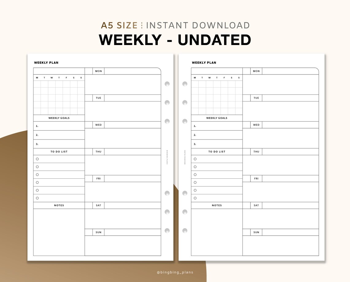 Undated Weekly Planner Printable Inserts Weekly Calendar A5 | Etsy