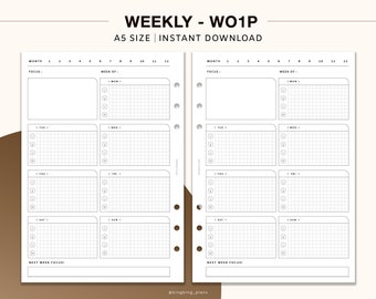 Simple Weekly Planner, WO1P, Printable Planner Inserts, A5 Size, Grid Layout, Template PDF