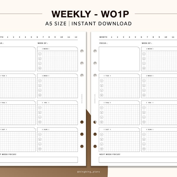 Simple Weekly Planner, WO1P, Printable Planner Inserts, A5 Size, Grid Layout, Template PDF