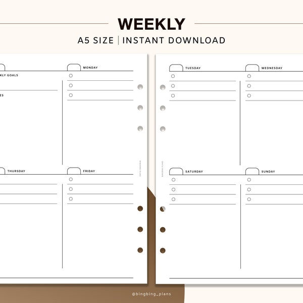 A5 Size : Weekly undated planner Printable Inserts, Week on two pages, Productivity Planner, Weekly Agenda