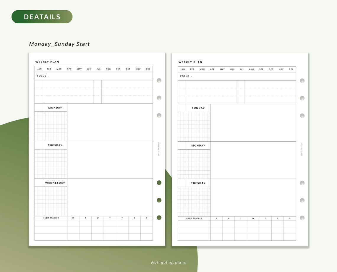 A6 Size : Weekly Printable Inserts, Simple Weekly, A6, Week on One ...