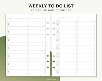 A6 Size : Weekly to do list  Printable Insert, Undated weekly, Task List, Checklist, To do list Planner