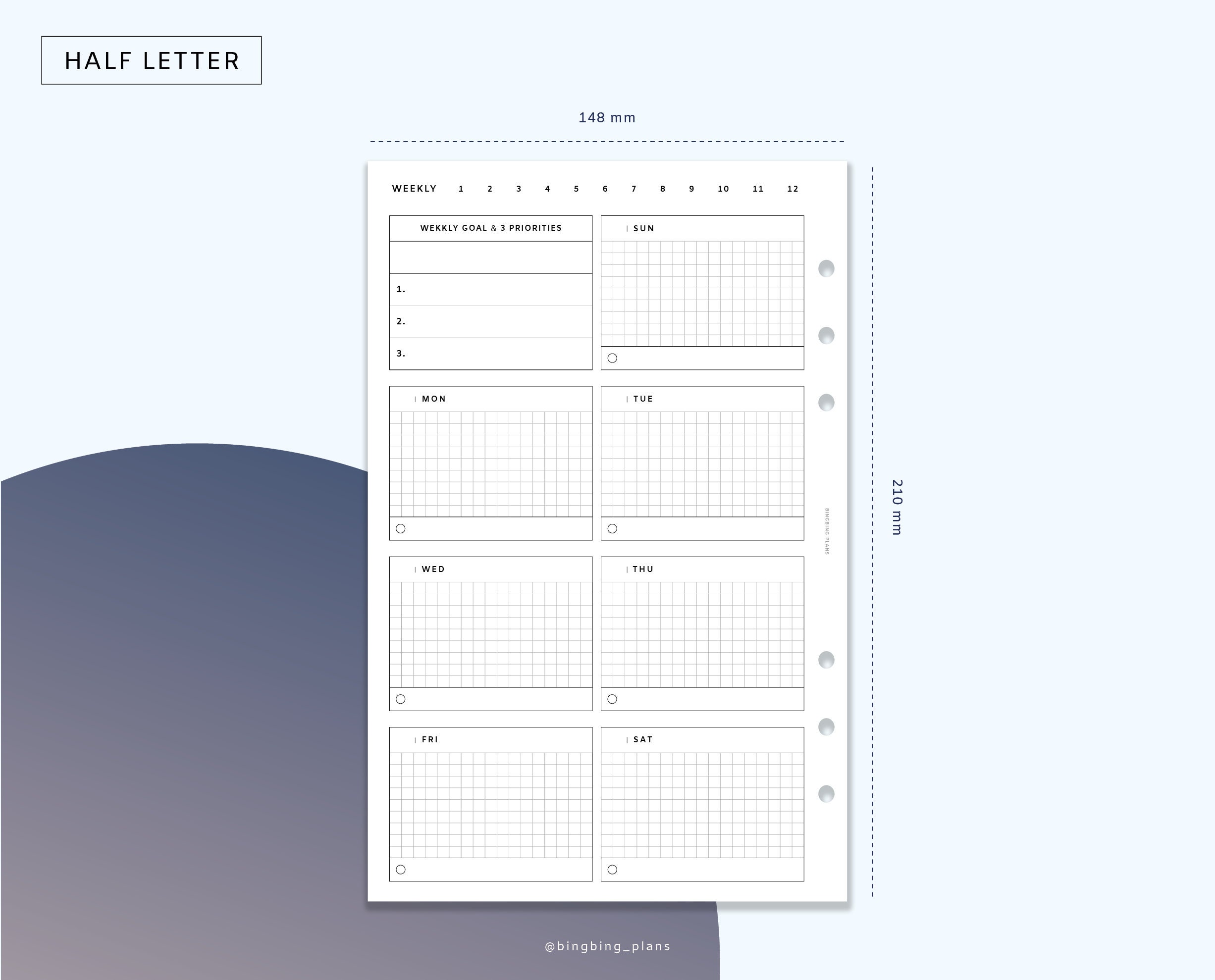 Undated Weekly Planner Printable Inserts, Half Letter, Week on One ...