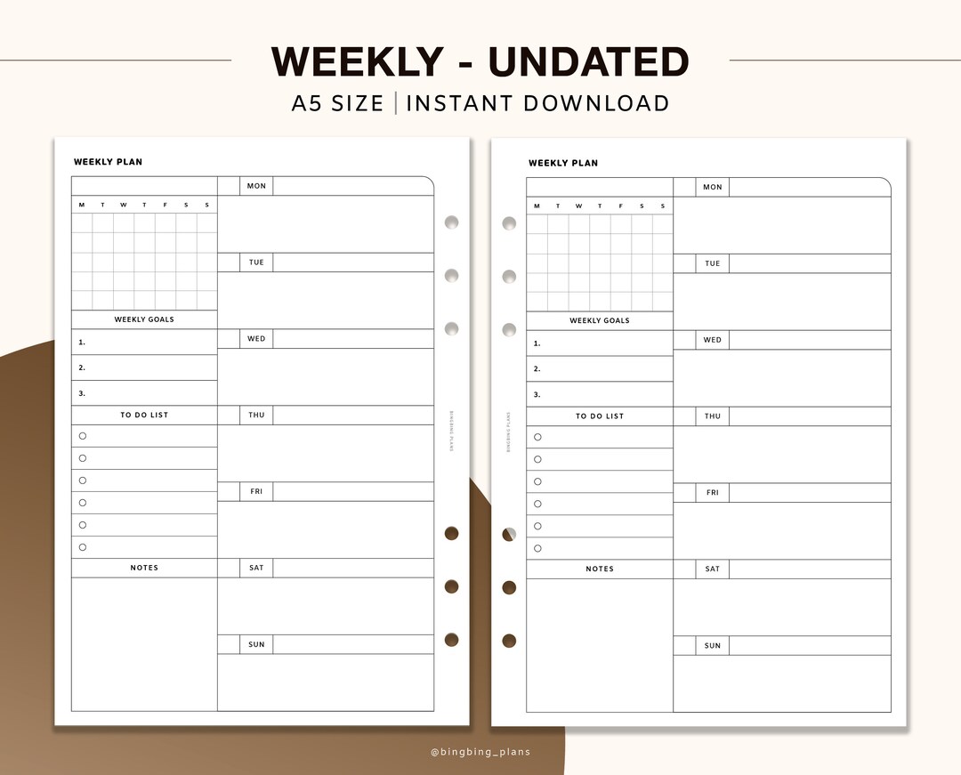Buy Undated Weekly Planner Printable Inserts, Weekly Calendar, A5 Size ...