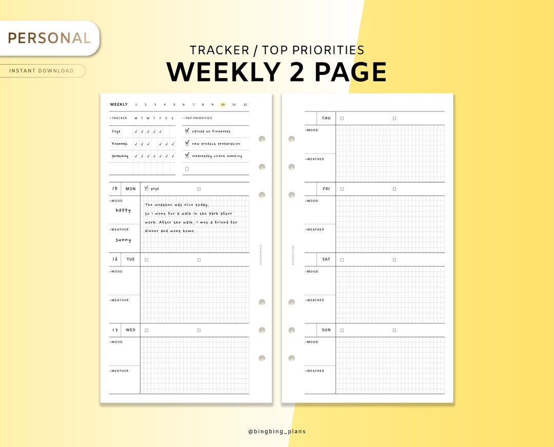 Weekly Undated Planner Personal Size Printable Inserts, WO2P ...