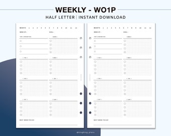 Undated Simple Weekly planner Printable Inserts, Half Letter, Week on one pages, Weekly Agenda
