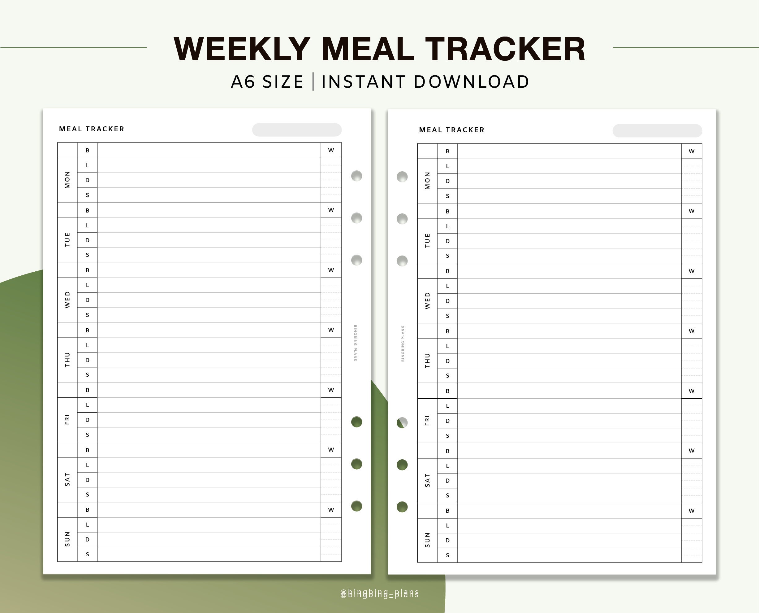 A6 Size : Weekly Meal Tracker Printable Planner Inserts, Meal Log, Water Intake - Etsy