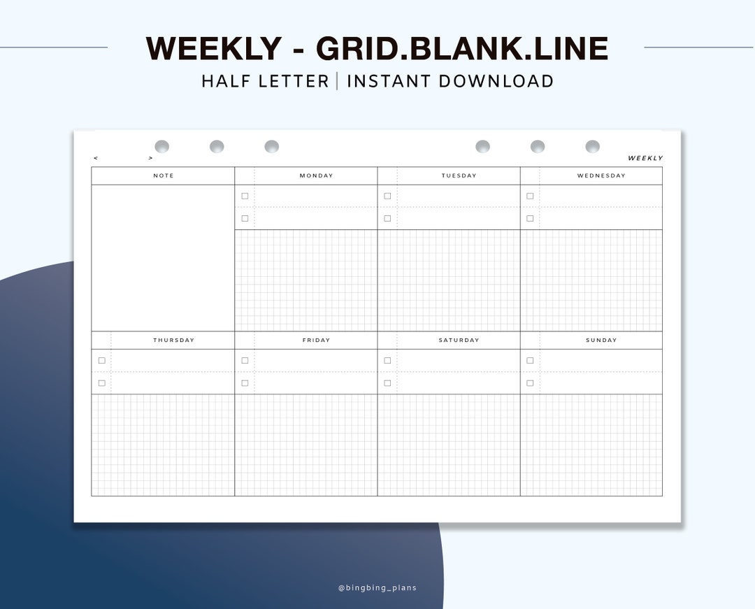 Weekly Undated Planner, Half Letter Printable Inserts, Week on One ...