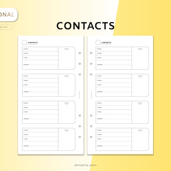 Personal : Contact list Printable Insert, Address Book, Personal Contacts, contacts log