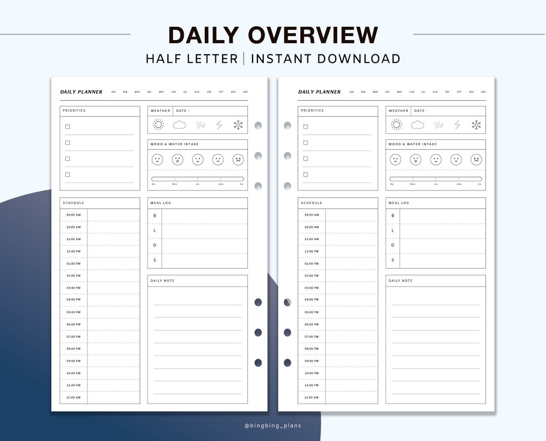 Daily Planner Printable Insert Half Letter Size, Meal Plan, Daily ...